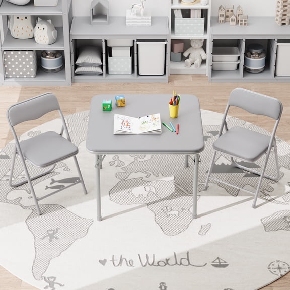 MAROUTE Folding Table and Chairs Set – 3-Piece Portable Activity Furniture with PU Soft Cushioned Seats – Ideal for Eating, Reading & Play, Gray