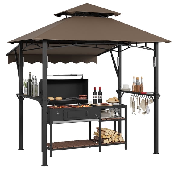 MAROUTE Grill Gazebo Heavy Duty Steel 8x5 ft BBQ Canopy Shelter, Double-Tier with Extra 7x3 ft Awning, Shelves 10 Hooks LED Lights Bottle Opener for Patio Backyard Garden