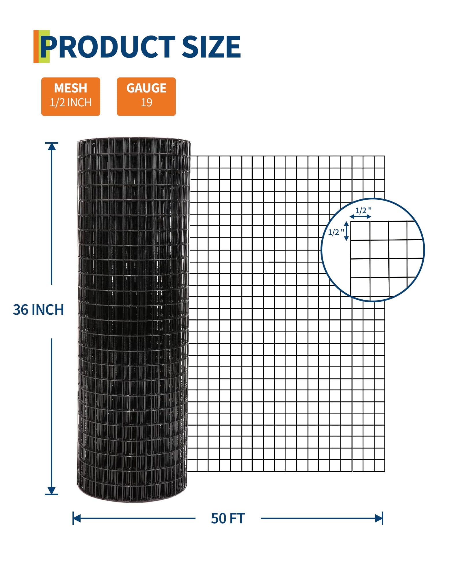MAROUTE Heavy-Duty 19 Gauge 1/2" Mesh Hardware Cloth, Galvanized Black Vinyl Coated Welded Wire Fence Roll, Multi-Use Garden Trellis for Plants, Poultry, Rabbit, Aviary & Nursery Beds