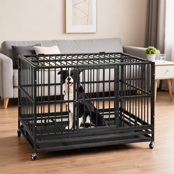 MAROUTE Heavy Duty Large Dog Crate, Steel Kennel with Wheels, Double Doors, Secure Lock, Removable Tray and Waterproof UV Roof, Escape Proof Cage for Indoor Outdoor Use for Large Dogs and Pets