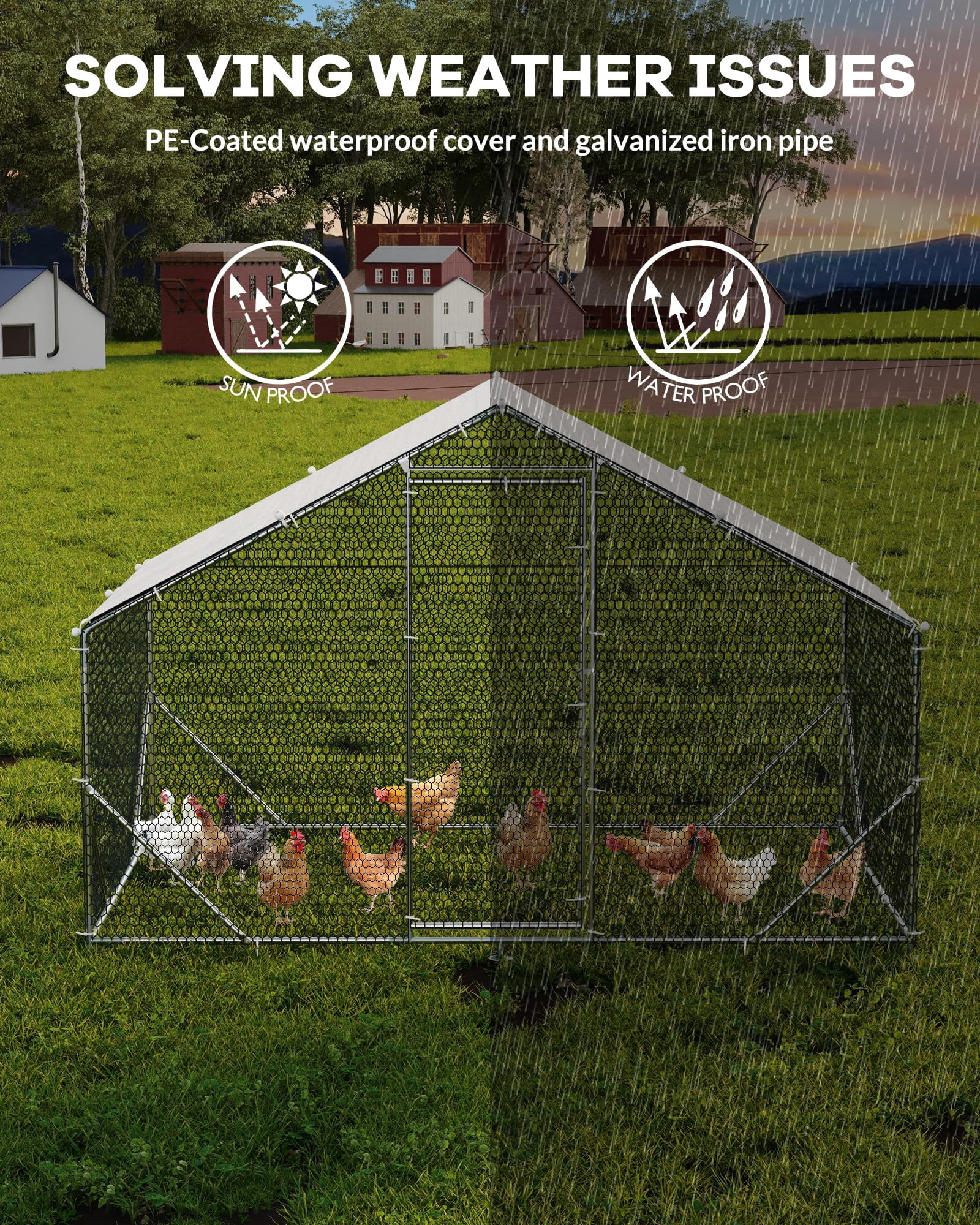 MAROUTE Heavy-Duty Large Metal Walk-In Chicken Coop & Dog Kennel, Outdoor Poultry Pet Cage with Secure Run and Waterproof UV Cover, Spacious Playpen for 6-10 Chickens or Large Dogs, 9.8 x 6.6 x 6.6ft