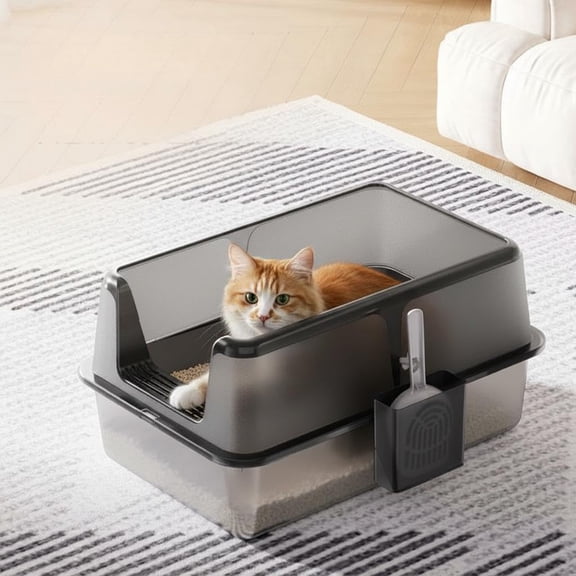 MAROUTE High-Sided Stainless Steel Cat Litter Box with Lid and Scoop, 8'' Deep Splash-Proof Hooded Litter Tray, Non-Stick Leak-Proof Easy Clean Design for Small Medium Large Cats, Black 60x40x35.5CM