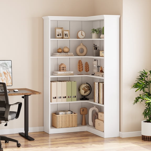 MAROUTE L-Shaped 5-Tier Corner Bookshelf – Tall Wooden Office Bookcase – Modern White, Large Storage, Full Backplate