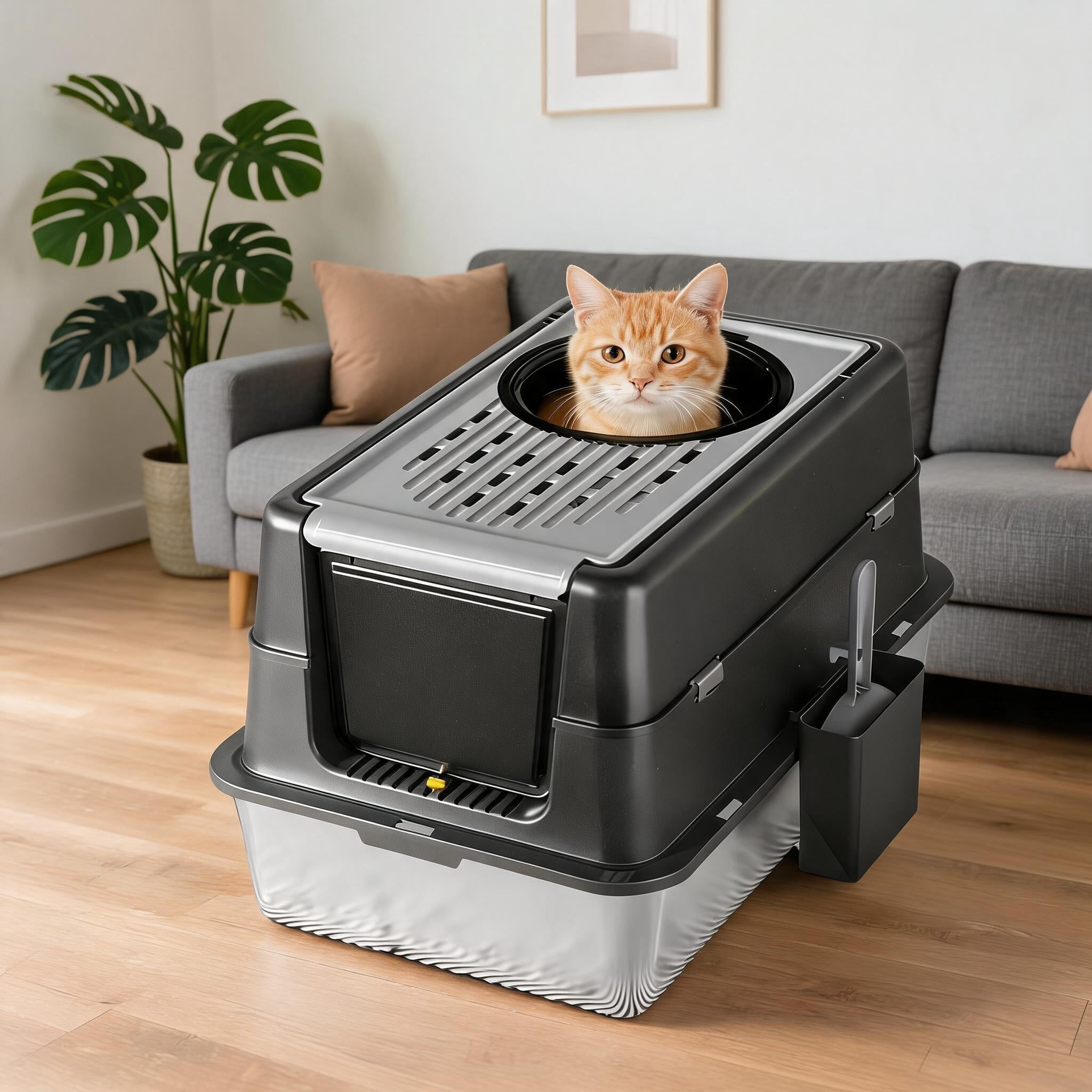 MAROUTE Large Stainless Steel Cat Litter Box with High Sides and Leak-Proof Lid, Non-Stick Odor Resistant Litter Tray with Anti-Slip Rubber Base, Easy to Clean, Deep Black 60x40x43.5cm