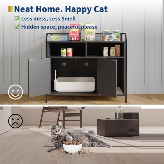 MAROUTE Modern Cat Litter Box Enclosure with Metal Frame – Dual Storage Shelves, Hidden Cat Litter Cabinet, Multi-Functional Indoor Cat House, Large Covered Side Table Design