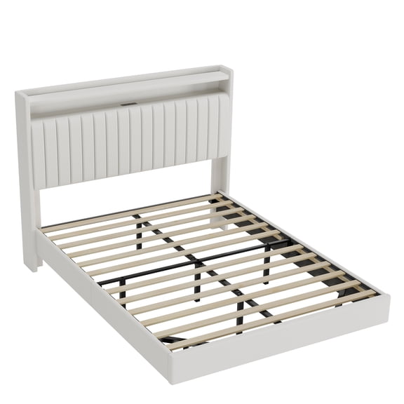 MAROUTE Modern Floating Bed Frame with 50" Tall Upholstered Leather Headboard – RGB LED Lights, Charging Station & Storage – Sturdy Platform, No Box Spring Needed – Available in White or Black