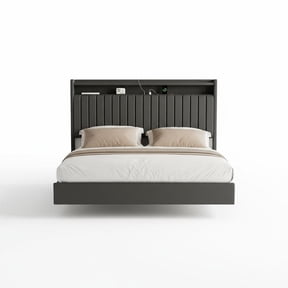 MAROUTE Modern Floating Bed Frame with 50" Tall Upholstered Leather Headboard – RGB LED Lights, Charging Station & Storage – Sturdy Platform, No Box Spring Needed – Available in White or Black