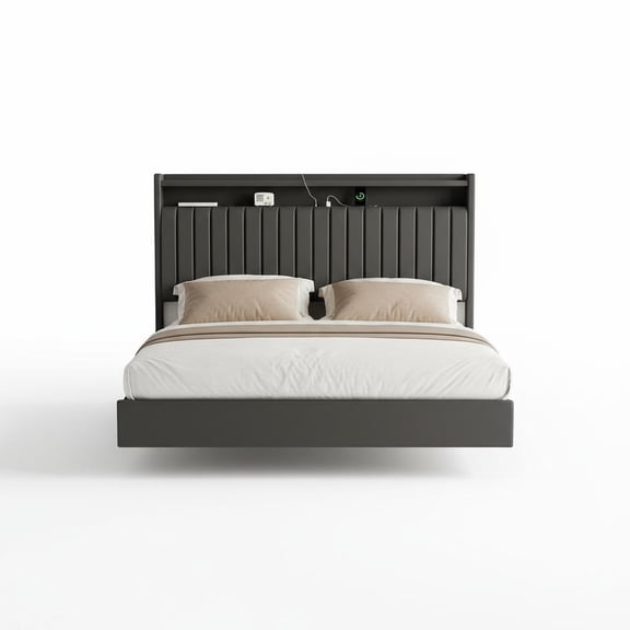MAROUTE Modern Floating Bed Frame with 50" Tall Upholstered Leather Headboard – RGB LED Lights, Charging Station & Storage – Sturdy Platform, No Box Spring Needed – Available in White or Black