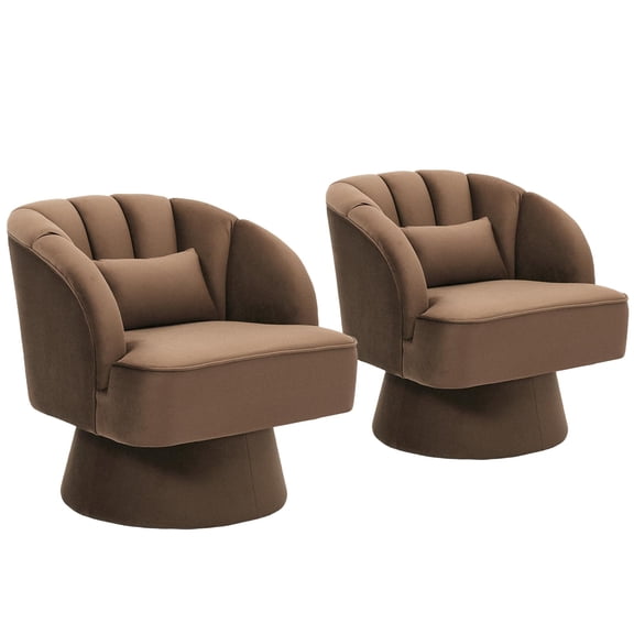 MAROUTE Modern Velvet Swivel Barrel Chairs – 360° Rotating Lounge Armchairs (Set of 2) Coffee Velvet