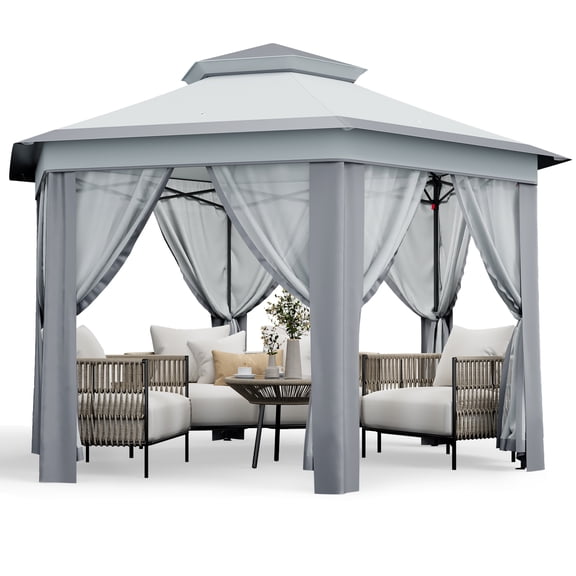 MAROUTE Patio Canopy, 13x13 Pop Up Commercial Instant Gazebo Tent with Mosquito Netting, Waterproof Soft Double Roof Shelter Tent, Sturdy Steel Frame Pavilion for Outside Garden Backyard, Gray