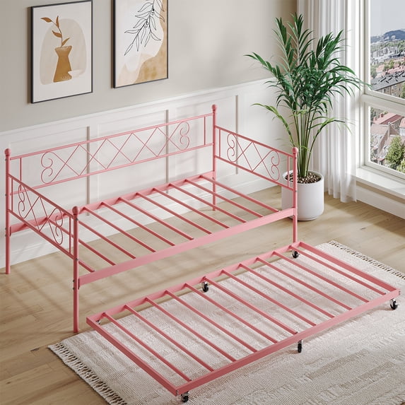 MAROUTE Space-Saving Pink Metal Daybed with Pop-Up Trundle – Heart-Shaped Headboard, Sturdy Steel Slat Support – Fits Twin Mattress