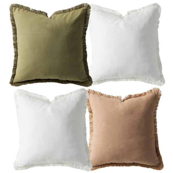 MAROUTE Washed Cotton Tassel Throw Pillow Covers 4pcs - Soft Breathable Durable Fade Resistant Easy Care for Living Room Bedroom Patio Use, White Brown Green