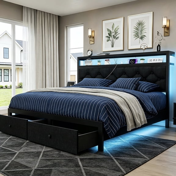 MARQUESSIA Full Bed Frame with Storage Headboard, Metal Giant Upholstered Wingback & 2 Under Storage Drawers LED Lights Charging Station Bed Frame Noise-Free Easy Assembly Black