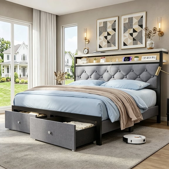 MARQUESSIA Queen Bed Frame with Storage Headboard, Metal Giant Upholstered Wingback & 2 Under Storage Drawers LED Lights Charging Station Bed Frame Noise-Free Easy Assembly Gray