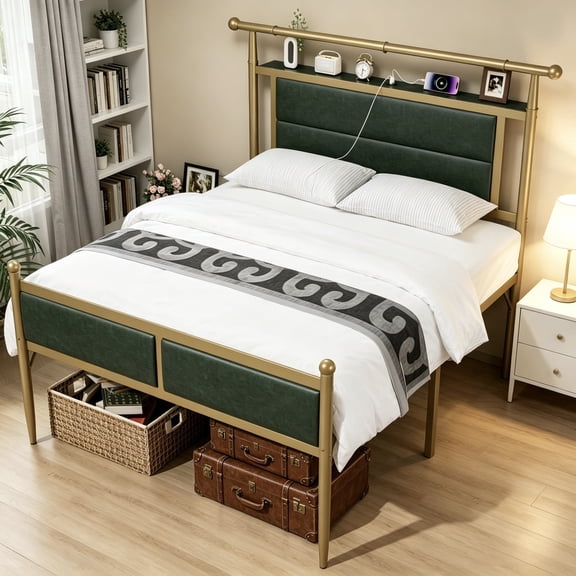 MARQUESSIA Tall Bed Frame Full with Upholstered Headboard and LED Lights Victorian Vintage 20" Under Bed Storage Heavy Duty Metal Slats & Noise Free Green
