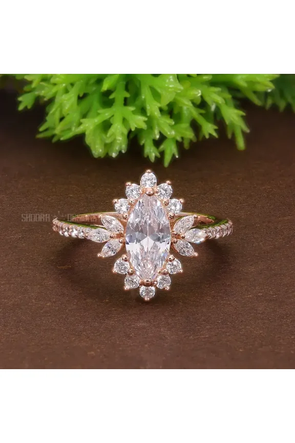 MARQUISE DIAMOND RING, MARQUISE LAB DIAMOND HALO ENGAGEMENT RING, SNOWFLAKE RING, IGI CERTIFIED WEDDING RING