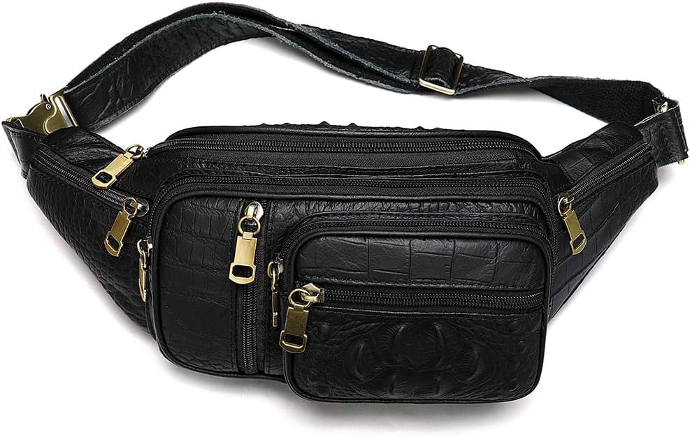 MARRANT Genuine Leather Fanny Pack for Men, Large Capacity Crossbody Waist Bag with Multiple Zipper Pockets,Black Croco