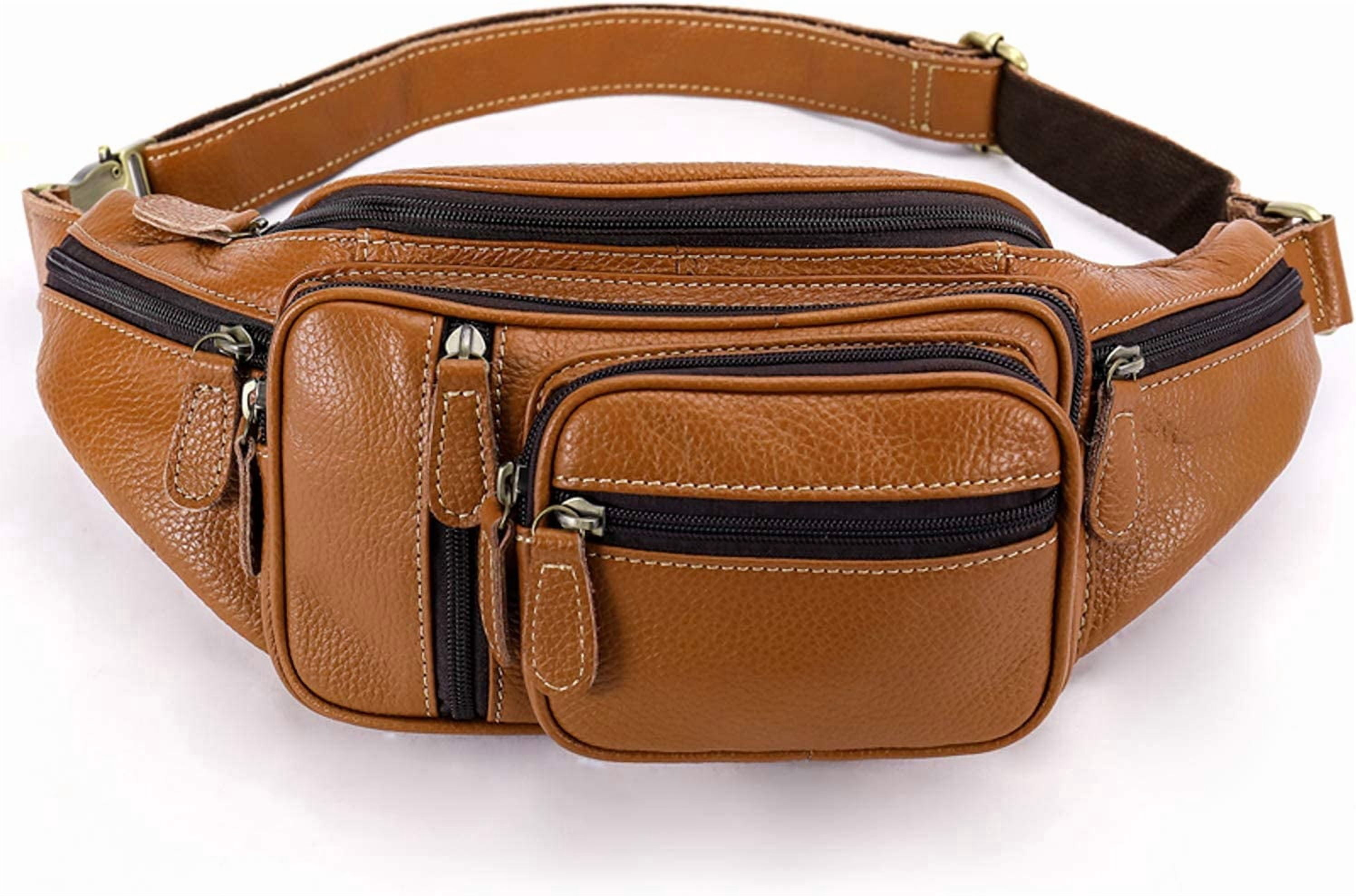 MARRANT Genuine Leather Fanny Pack for Men, Large Capacity Crossbody Waist Bag with Multiple Zipper Pockets, Brown