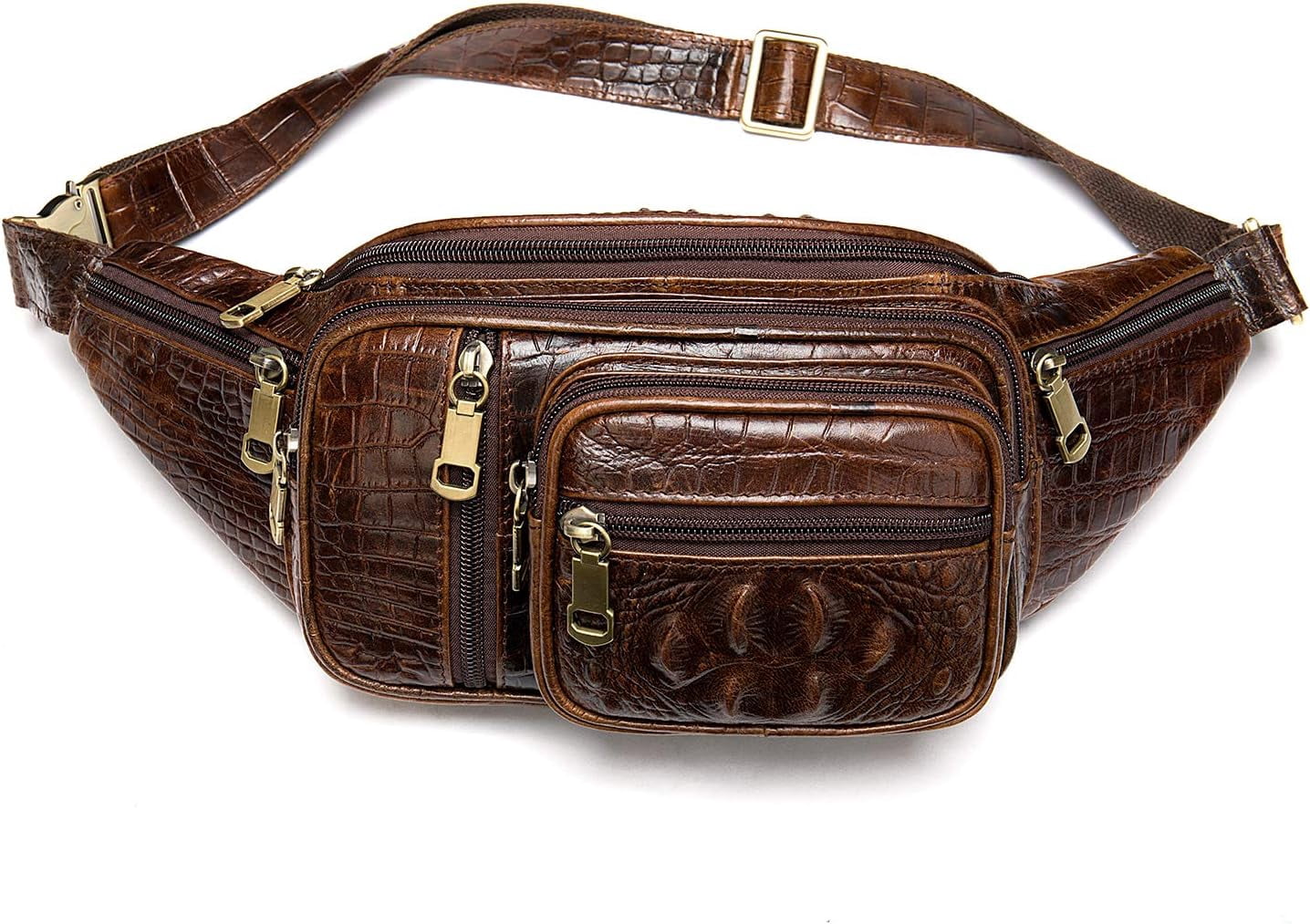 MARRANT Genuine Leather Fanny Pack for Men, Large Capacity Crossbody Waist Bag with Multiple Zipper Pockets, Coffee Croco