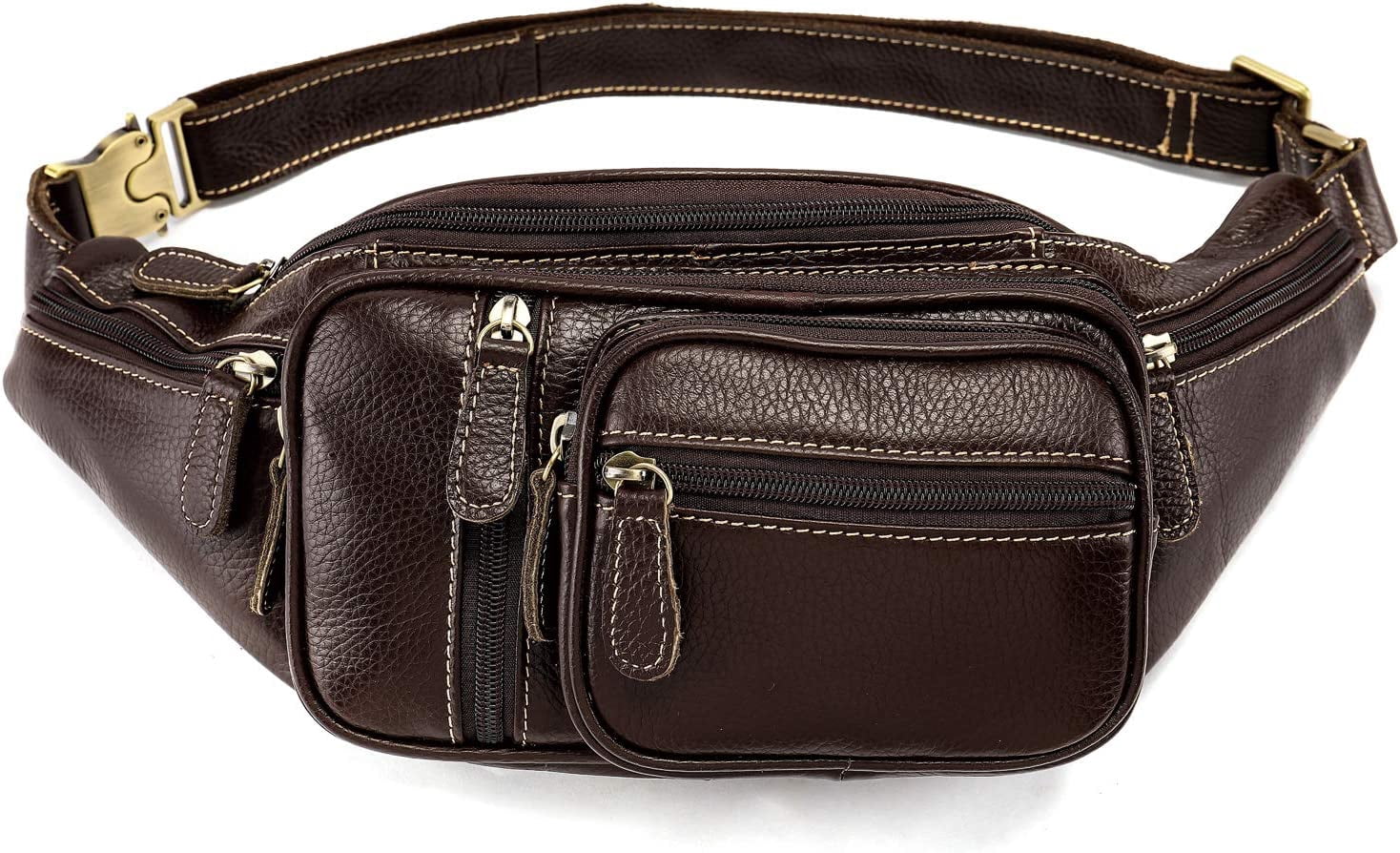 MARRANT Genuine Leather Fanny Pack for Men, Large Capacity Crossbody Waist Bag with Multiple Zipper Pockets, Coffee