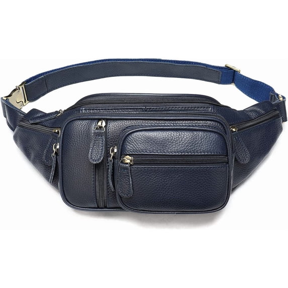 MARRANT Genuine Leather Fanny Pack for Men, Large Capacity Crossbody Waist Bag with Multiple Zipper Pockets,Dark Blue