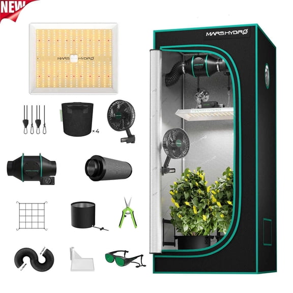 MARS HYDRO 3x3 Grow Tent Kit Complete System,150W TS1000 LED Dimmable Grow Light, 32"x32"x63" 1680D High Reflective Mylar Grow System with 4inch Smart WiFi Control Ventilation System,10 Speed Fan