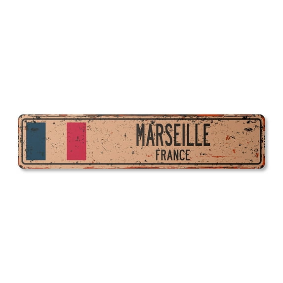 MARSEILLE FRANCE Vintage Plastic Street Sign French flag city country road wall gift | Indoor/Outdoor | 36" Wide