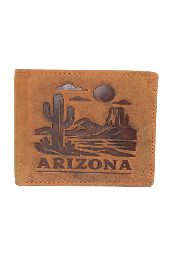 MARSHAL Arizona Western Bifold Wallet for Men RFID Blocking Leather Wallet with Cactus & Desert Landscape Tan