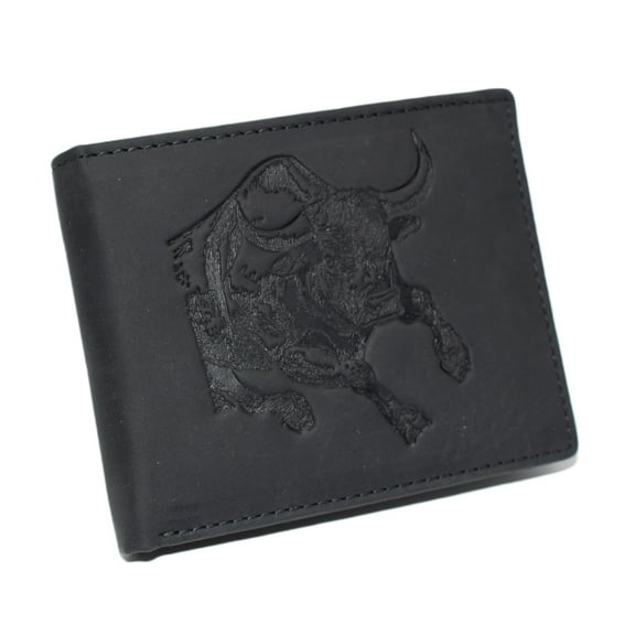 MARSHAL Bifold Western Cowboy Style Men's Vintage Leather Rodeo RFID Blocking Wallet Bull Engraved Design Black