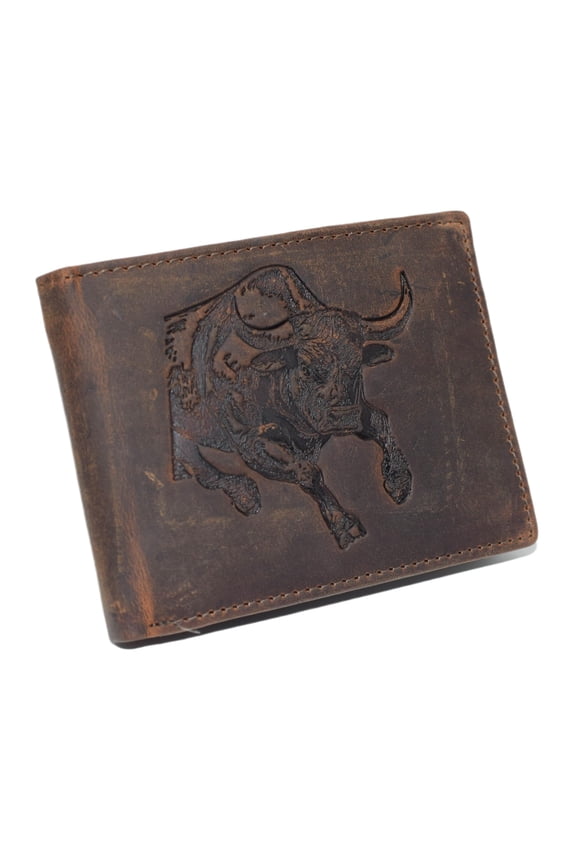 Bifold Western Cowboy Style Men's Vintage Leather Rodeo RFID Blocking Wallet Bull Engraved Design Brown
