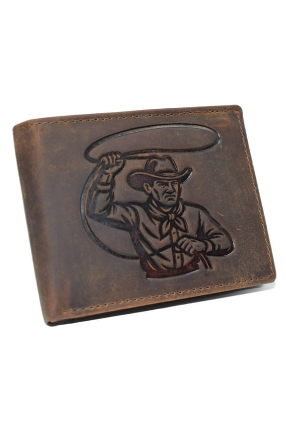MARSHAL Cowboy Lasso Wallet for Men Western Bifold RFID Blocking Distressed Leather Western Wallet Brown