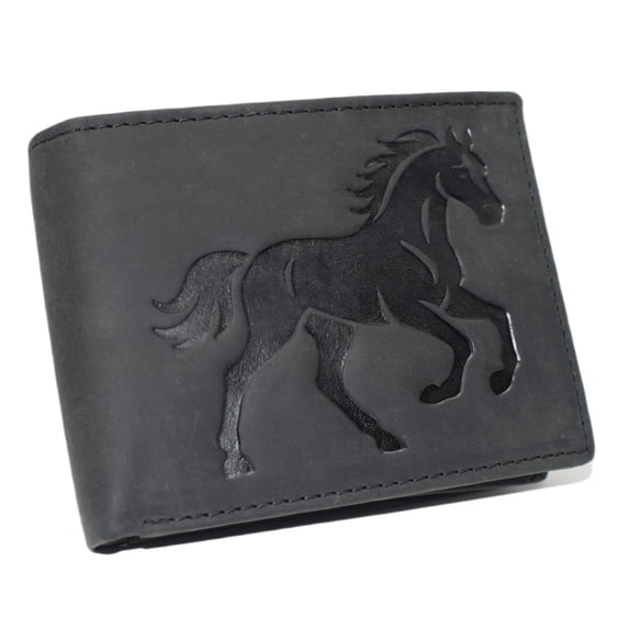 MARSHAL Equestrian Mens Cowhide Leather RFID Bifold Wallet with Running Horse Debossed Design Brown