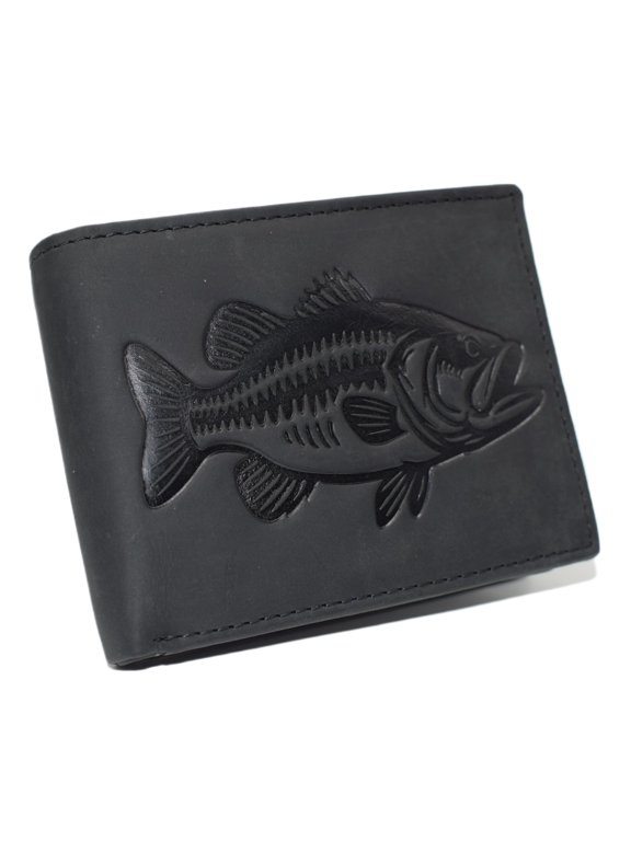 MARSHAL Fishermans RFID Blocking Vintage Leather Bifold Wallet with Debossed Bass Design for Outdoorsmen Black