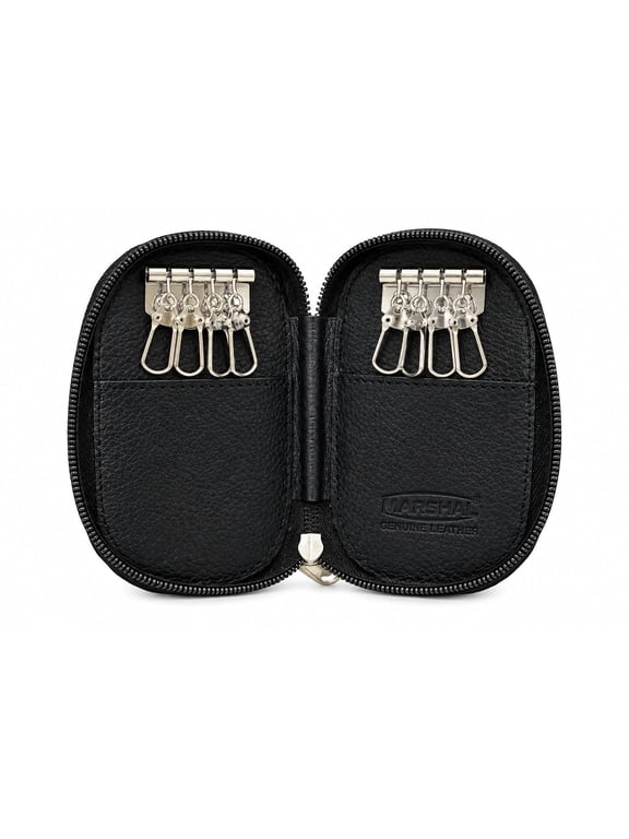 MARSHAL Genuine Leather Key Holder for Men and Women, 8 Key Hooks, Zippered Key Case Organizer with Dual Key Rings, Compact Black Key Wallet