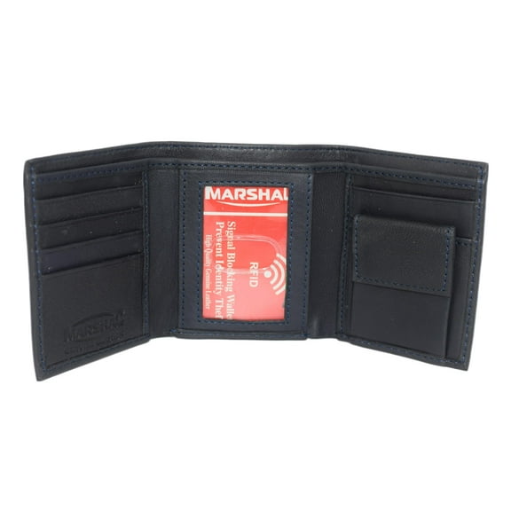 MARSHAL Genuine Leather Kids Slim Compact ID and Coin Pocket Trifold Boys Wallet Black Navy Blue