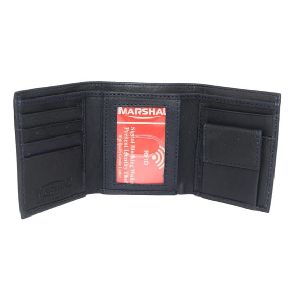MARSHAL Genuine Leather Kids Slim Compact ID and Coin Pocket Trifold Boys Wallet Black Navy Blue