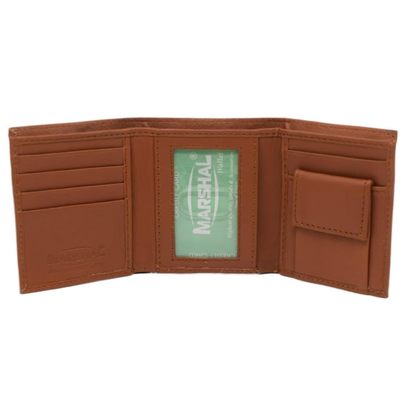 MARSHAL Genuine Leather Kids Slim Compact ID and Coin Pocket Trifold Boys Wallet Black Tan