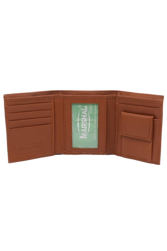 MARSHAL Genuine Leather Kids Slim Compact ID and Coin Pocket Trifold Boys Wallet Black Tan
