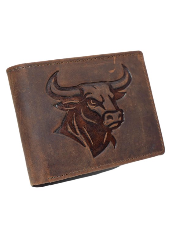 MARSHAL Genuine Leather RFID Bifold Wallet for Men Western Bull Design Rustic Cowboy Wallet Brown