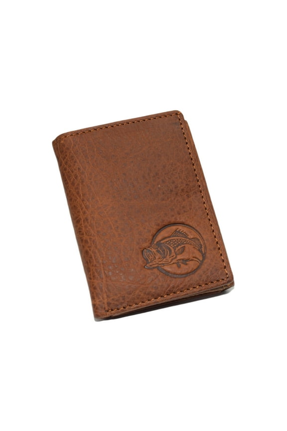 MARSHAL Genuine Leather RFID Blocking Bass Fish Wallet for Men Bifold & Trifold Fishing Wallets with Debossing Design Trifold Brown