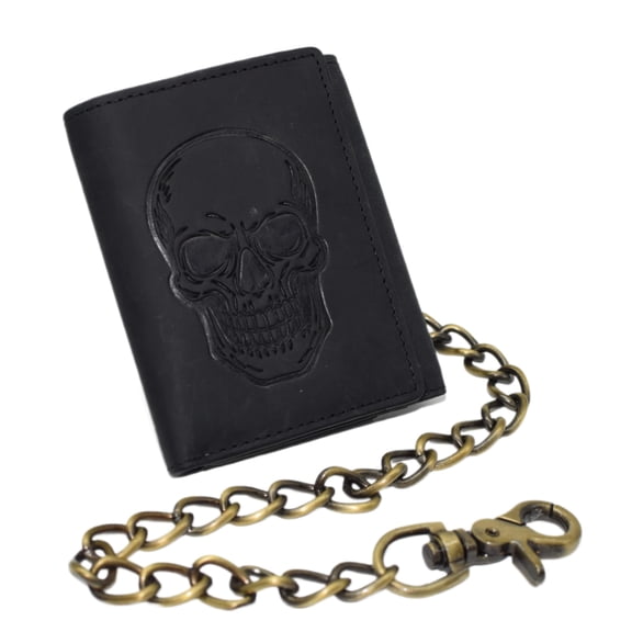 MARSHAL Genuine Leather Skull Chain Wallet for Men  Trifold RFID Blocking Biker Wallet with ID Window & Heavy-Duty Chain Black