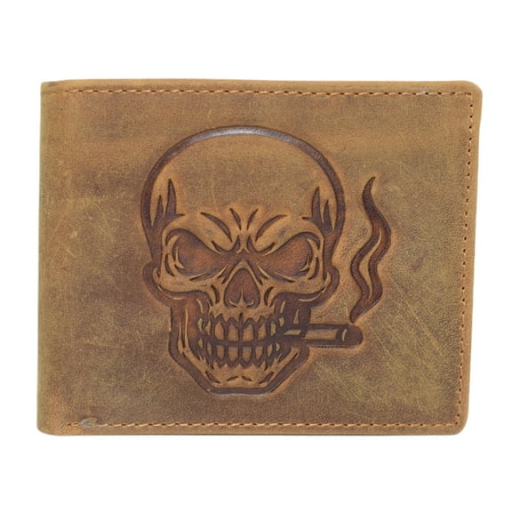 MARSHAL Genuine Leather Smoking Skull Chain Wallet for Men RFID Blocking Bifold Biker Wallet with Cigarette Skull Debossed Design Tan No Chain