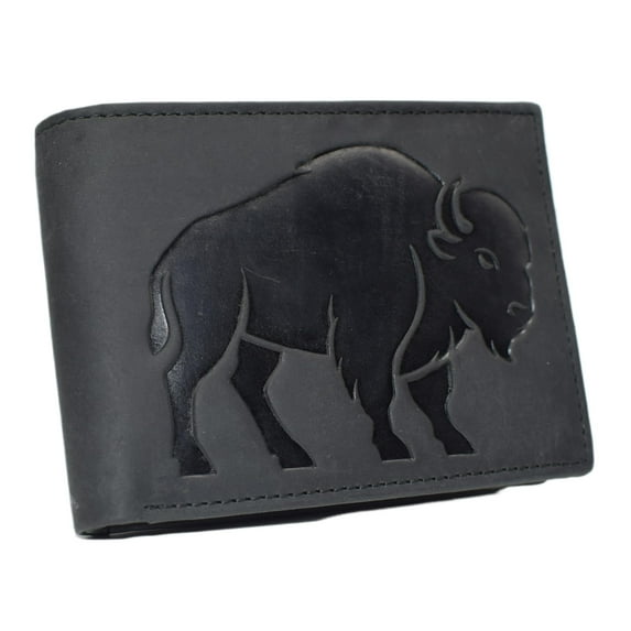 MARSHAL Men's Bison Design Genuine Leather RFID Blocking Bifold Western Cowboy Wallet Black