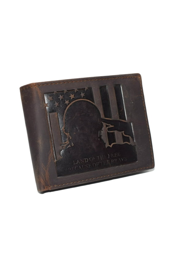 MARSHAL Men's Vintage Genuine Leather RFID Wallet with Military Tribute Design 'Land of the Free, Because of the Brave' Engraving, Western Style Brown