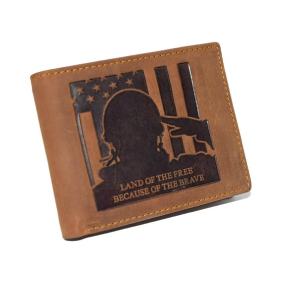 MARSHAL Men's Vintage Genuine Leather RFID Wallet with Military Tribute Design  'Land of the Free, Because of the Brave' Engraving, Western Style Tan