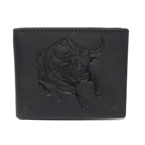 MARSHAL Men's Western Rodeo Wallet Vintage Leather Bifold with Bull Design, RFID Blocking, and Classic Cowboy Style Black