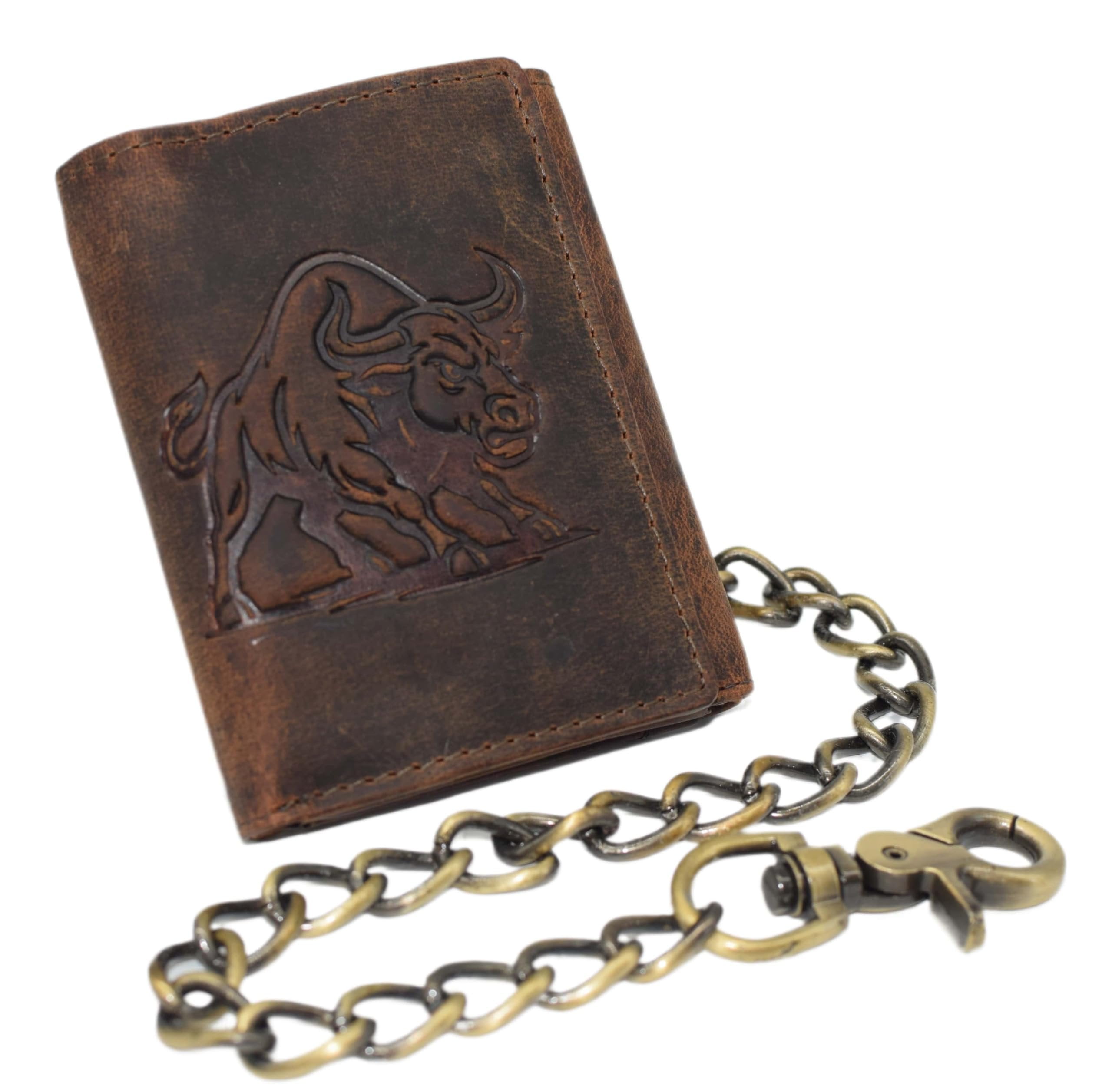 MARSHAL Mens Brown Leather Angry Bull Chain Wallet Trifold Western RFID ...