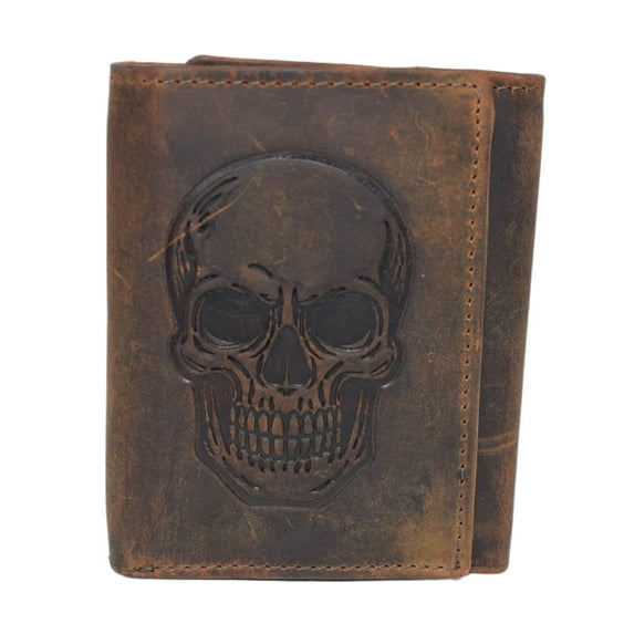 MARSHAL Mens Genuine Leather Skull Wallet Trifold RFID Blocking Biker Wallet with ID Window & Snap Closure Brown No Chain