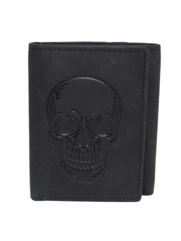 MARSHAL Mens Genuine Leather Skull Wallet Trifold RFID Blocking Biker Wallet with ID Window & Snap Closure No Chain
