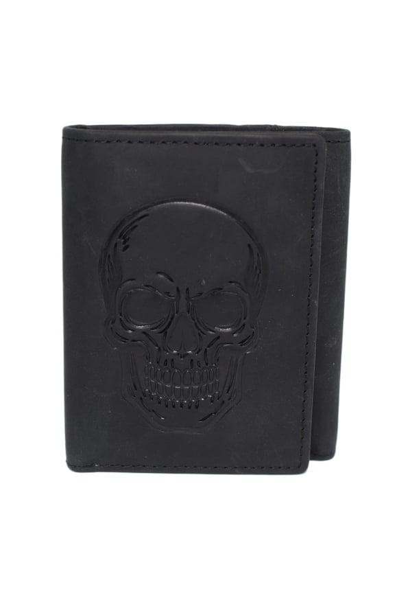 MARSHAL Mens Genuine Leather Skull Wallet Trifold RFID Blocking Biker Wallet with ID Window & Snap Closure No Chain